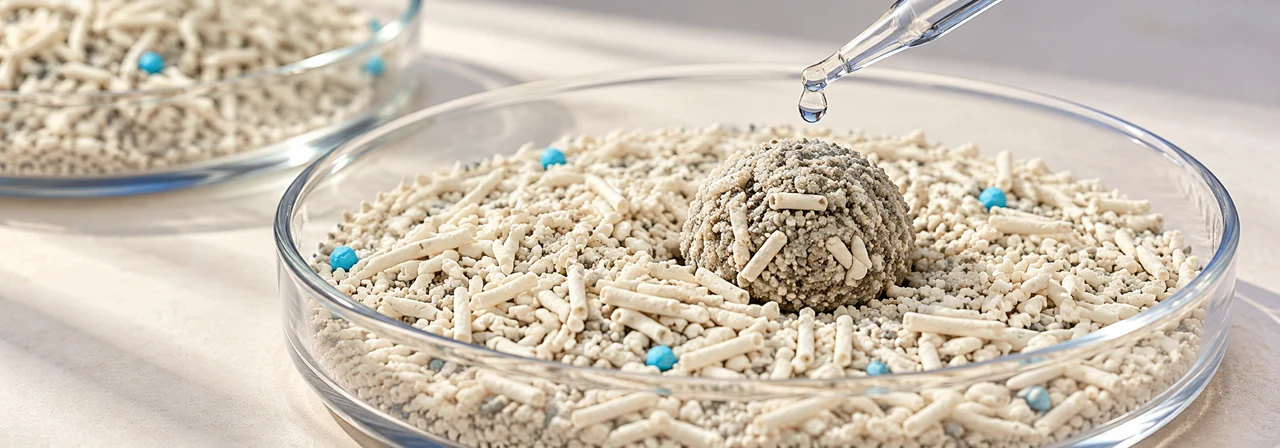 mineral and plant-based litter granules absorbing liquid