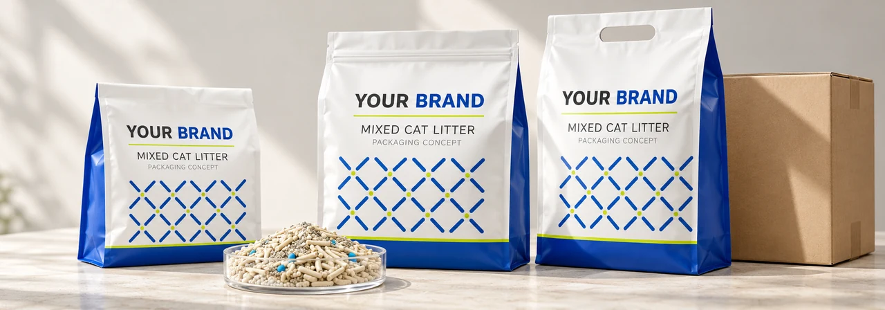 multiple private label cat litter bag sizes and branded retail packaging
