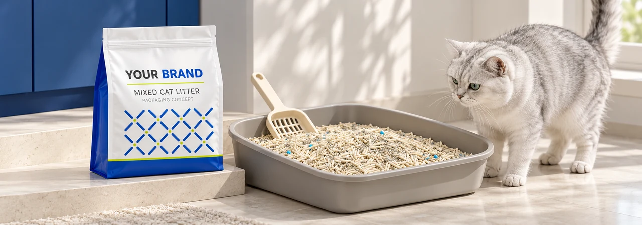 sealed cat litter packaging alongside a litter tray prepared for daily scooping