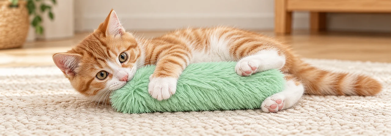 cat holding and bunny-kicking an elongated plush pillow