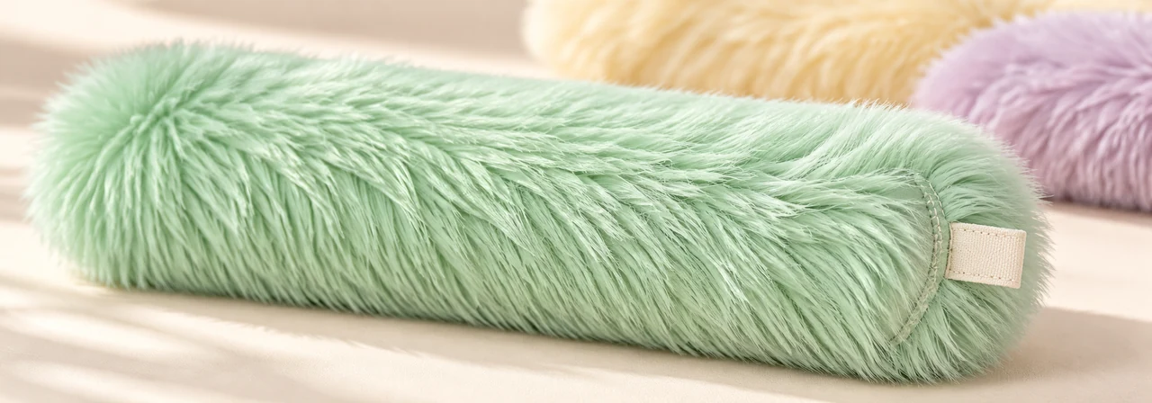 plush material, stitching and woven brand label close-up