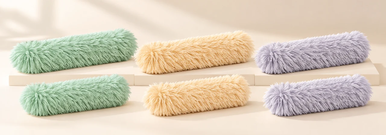 pastel green yellow and violet cat toy pillows in a coordinated set