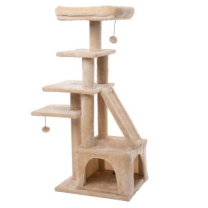 Classic Multi-Level Cat Tower Classic multi-level wooden cat tower with a condo and scratching ramp.
