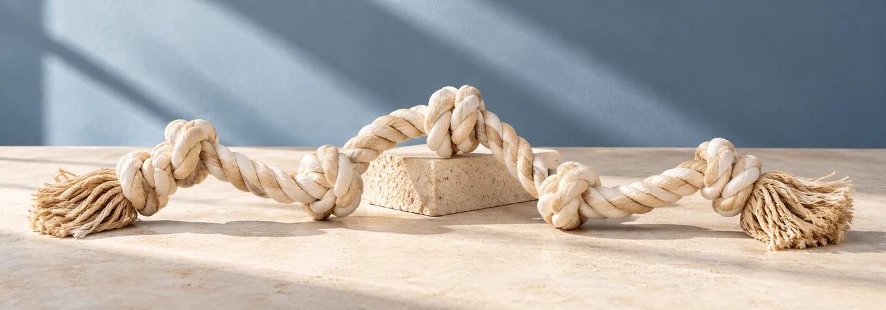 Close-up of a tightly woven cotton rope dog toy with sturdy knots