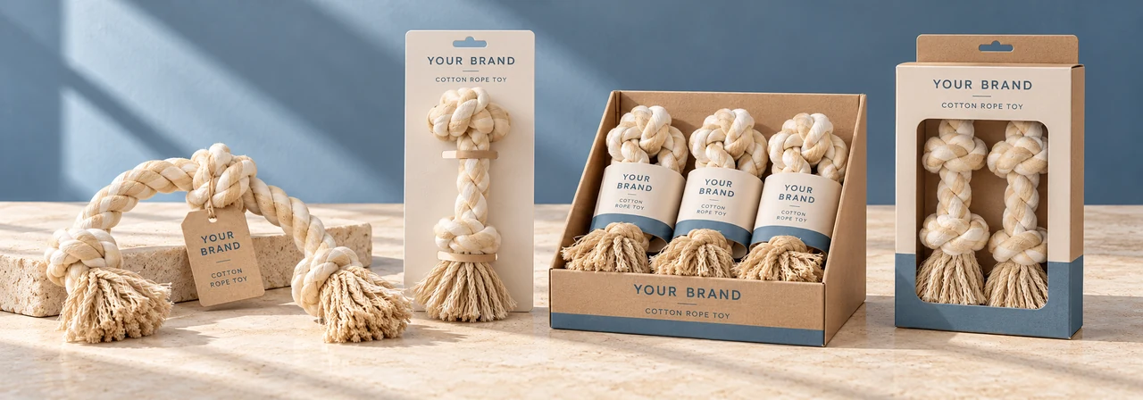 Private label packaging options for a cotton dog rope toy