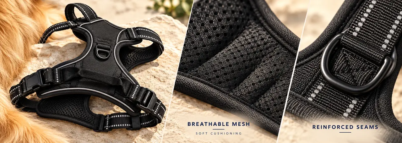 Breathable dog harness fabric and reinforced stitch points