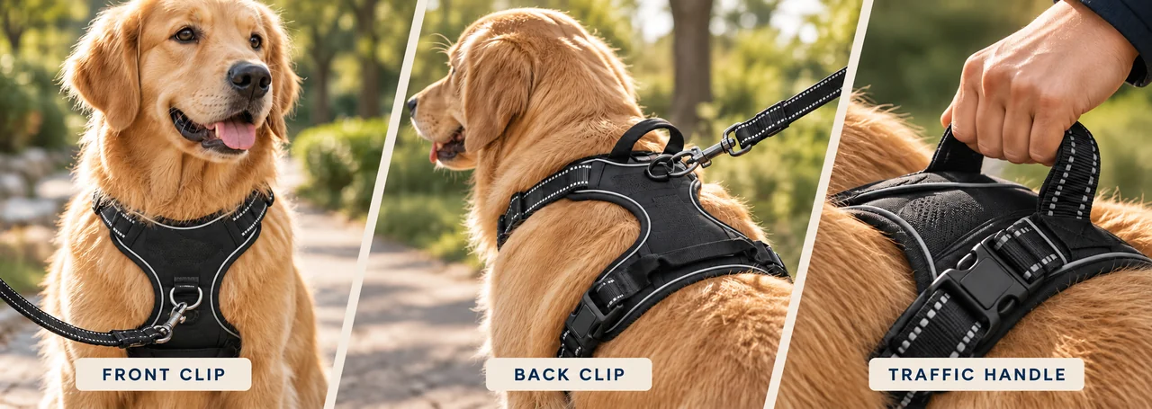 Front and back leash attachments and integrated top traffic handle