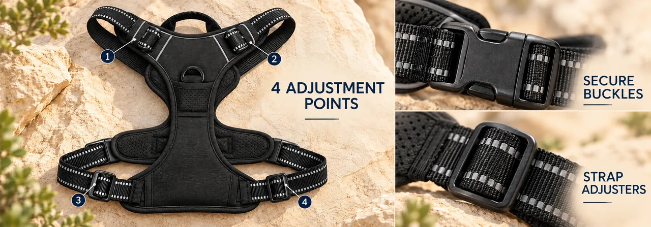 Four-point adjustable fit and secure harness buckles