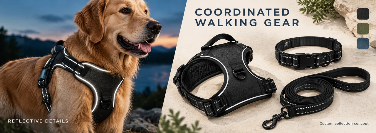 Reflective dog harness alongside coordinated leash and collar