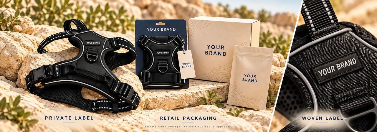 Dog harness private-label branding and retail packaging options