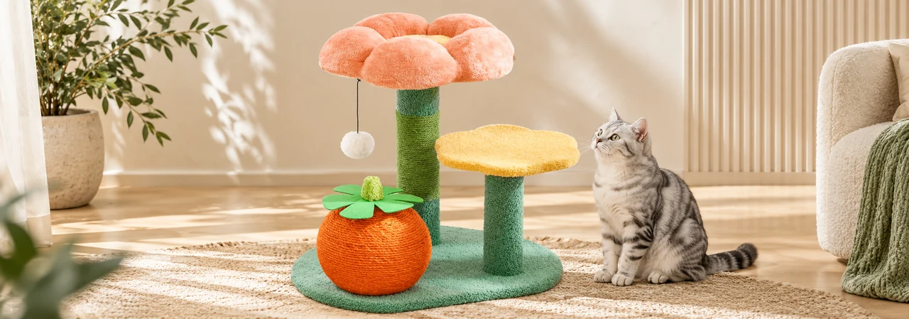 flower canopy, orange base, sisal post and interactive ball