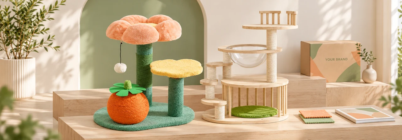 flower-style cat scratching tree in a coordinated retail collection