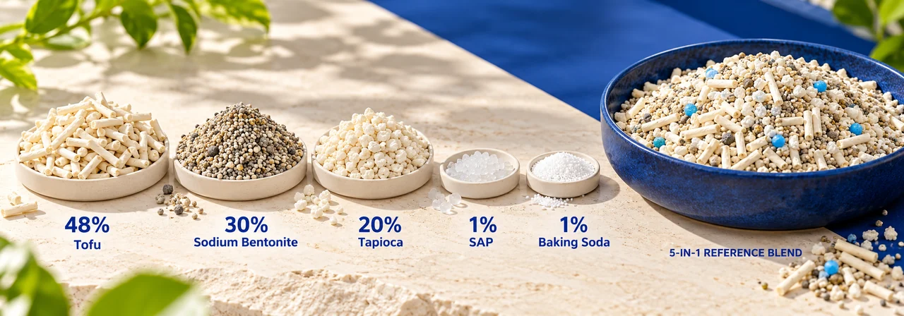 Five ingredient blend, separate granules of tofu litter, bentonite, tapioca, sap, and baking soda