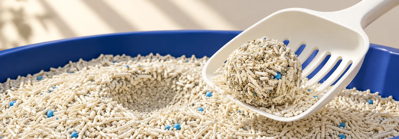 Mixed cat litter forming compact clumps beside a scoop