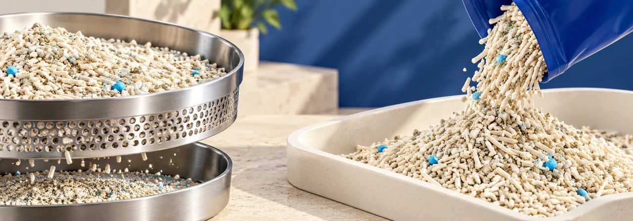Fine cat litter particles removed through industrial dust screening equipment