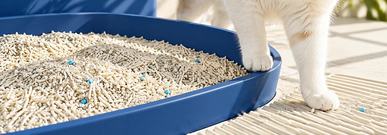 Close-up of low tracking mixed cat litter granules in a clean litter box