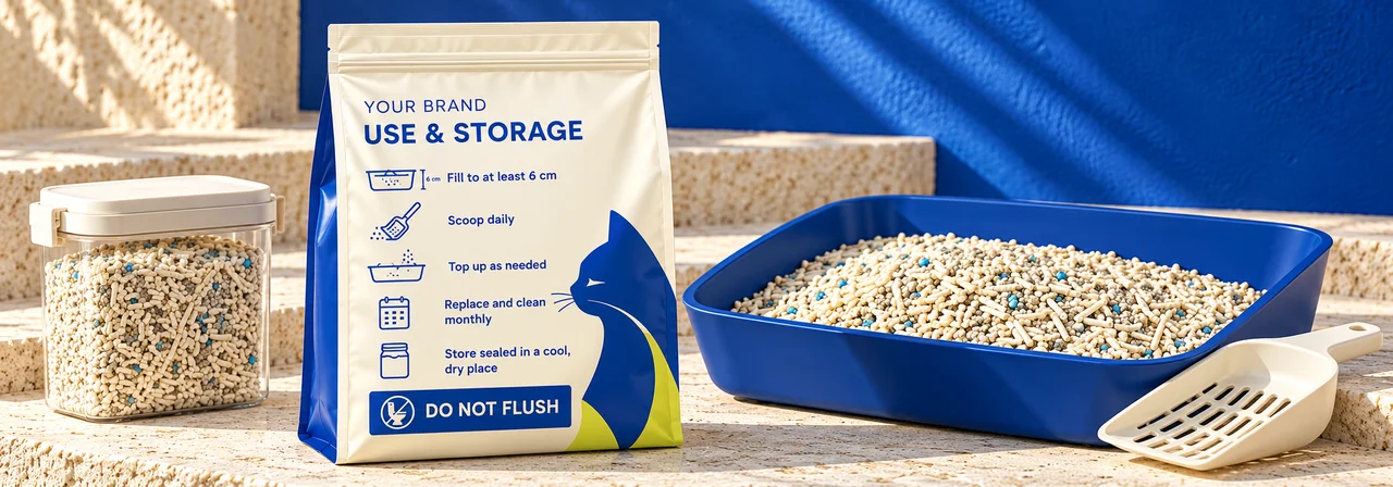 Private label mixed cat litter packaging with directions for use and storage