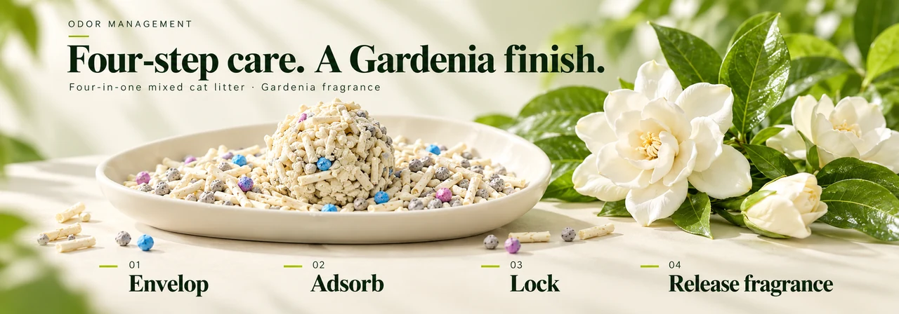 Four-stage odor control with signature Gardenia scent
