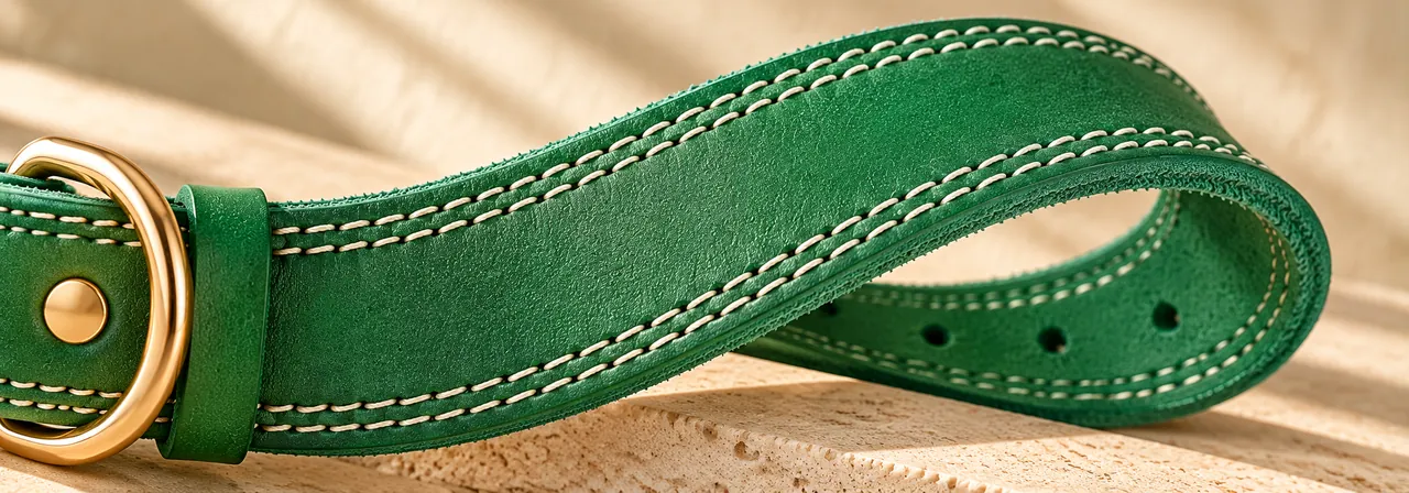 Close-up of top-layer cowhide leather dog collar and finished edges