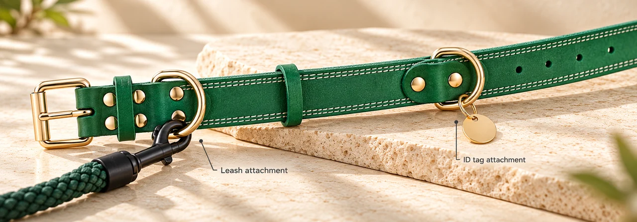 Close-up of leather dog collar buckle and two D-rings