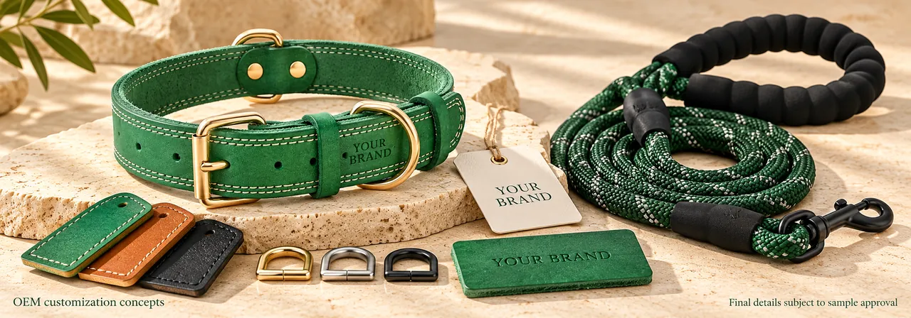 Custom branded leather collars and complementary dog walking accessories