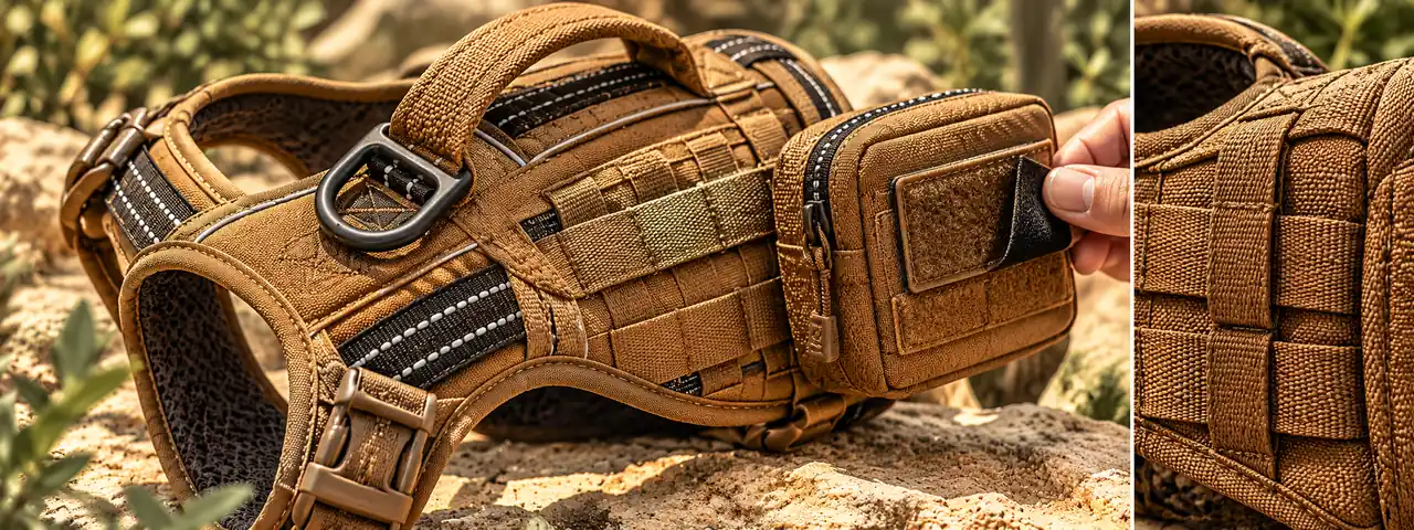 Metal D-rings and MOLLE webbing on tactical dog harness