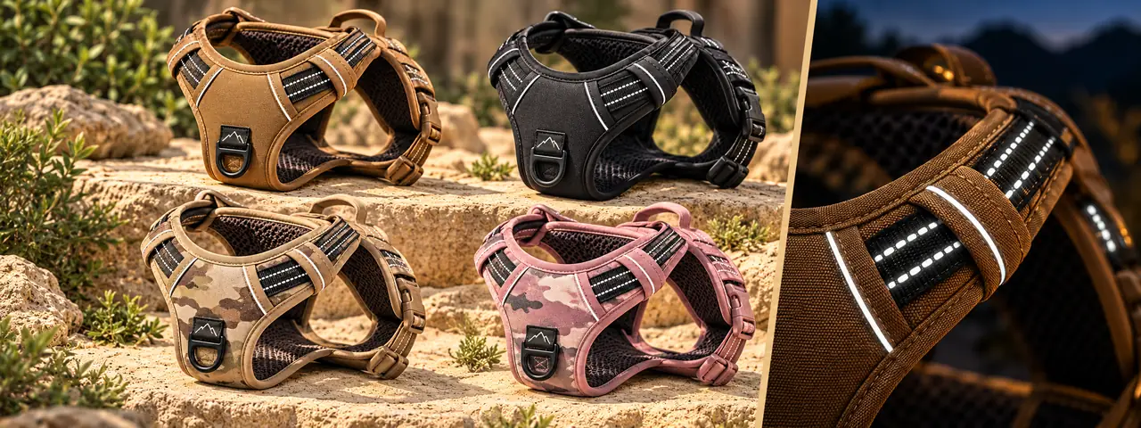 Reflective stitching and branded tactical dog harness color variations