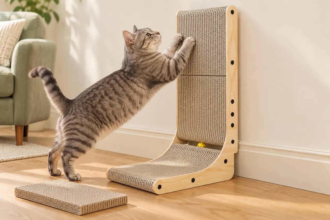 L-shaped cat scratcher positioned against a wall