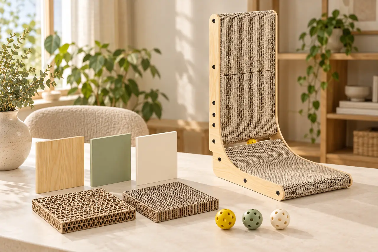 Cat scratcher frame finishes, corrugated insert, and track-ball options