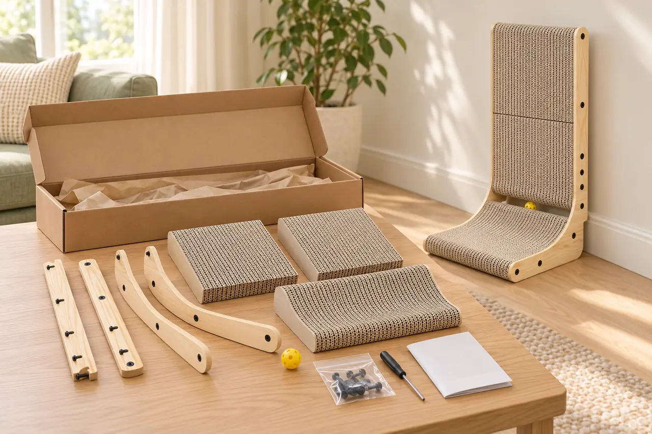 Flat-packed L-shaped cat scratcher components and carton