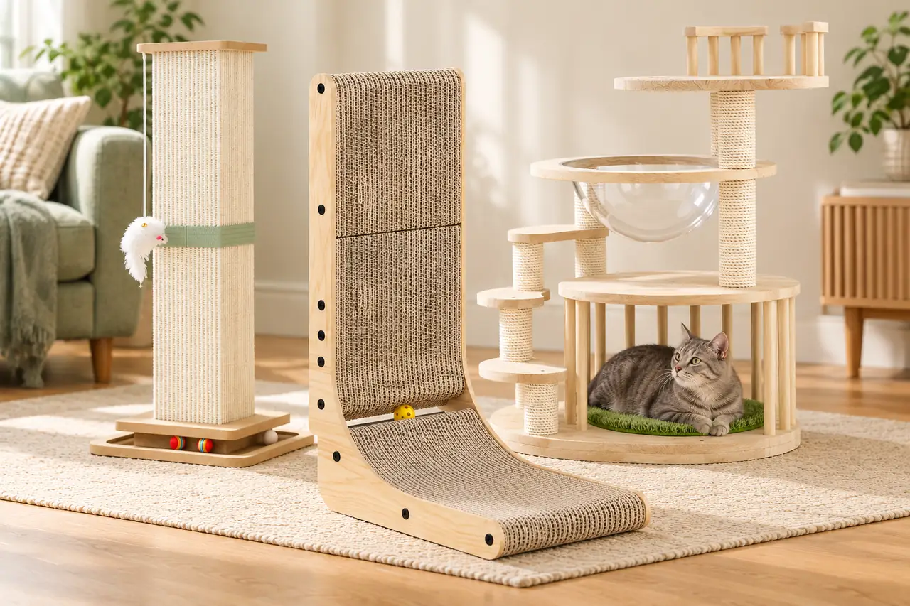 L-shaped cat scratcher displayed with complementary pet furniture