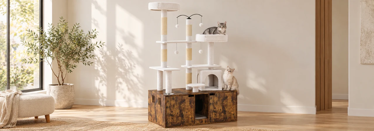 Miao Cat Tower zones, cabinet-style hideaway, scratching elements, and integrated bowl