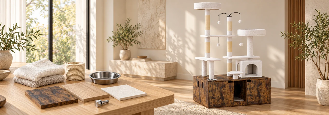 Board, fleece, sisal, hardware, and finishing options for the Miao Cat Tower