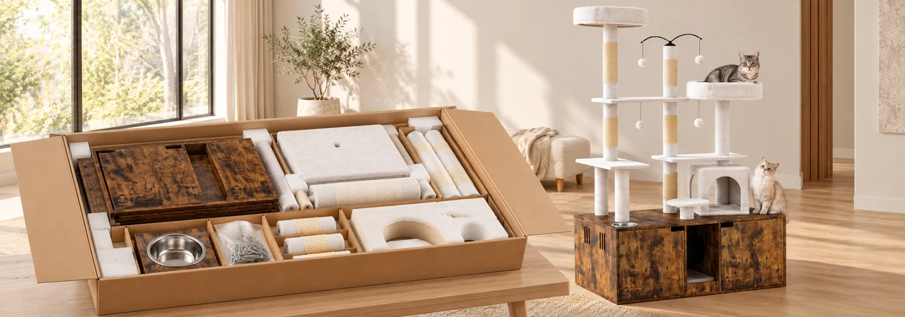 Flat-pack Miao Cat Tower components protected inside an export carton