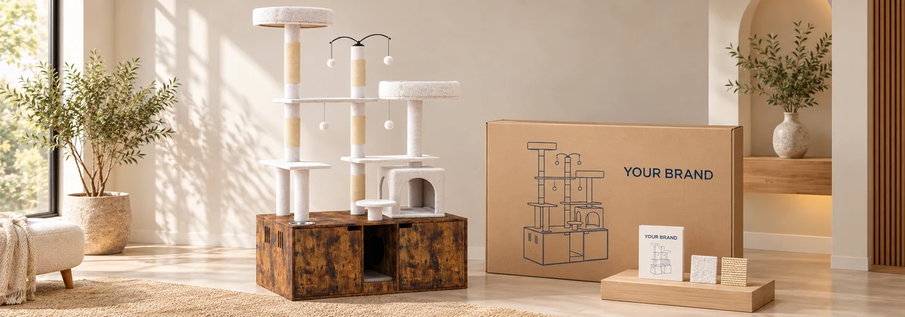 Custom Miao Cat Tower finish with branded retail carton and instructions