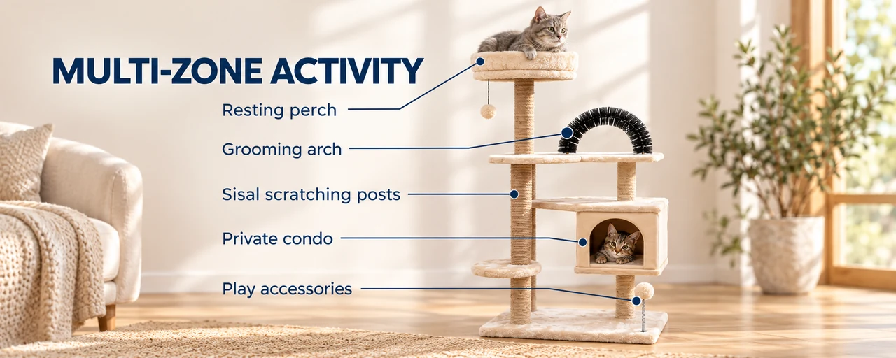 Full cat tree showing platforms, top perch, condo, and play accessories