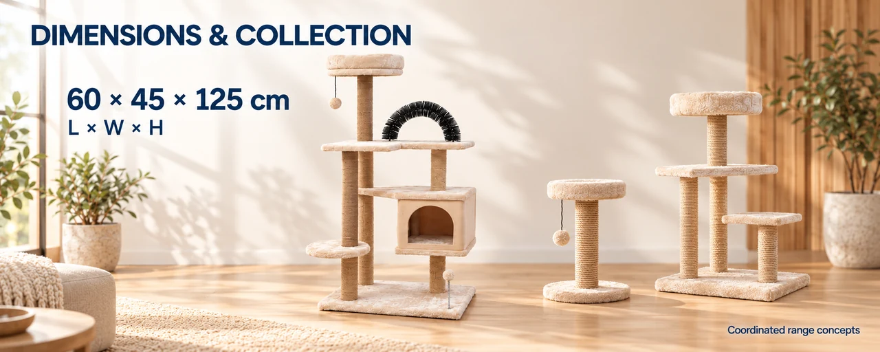 Dimensioned cat tree beside coordinated cat furniture models