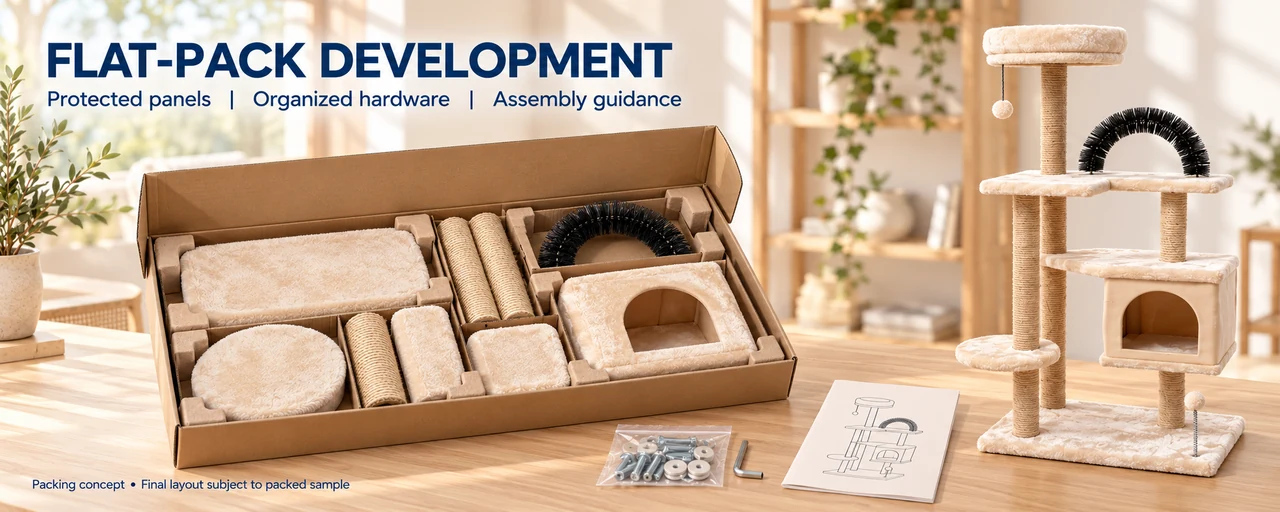 Flat-packed components, protective dividers, hardware kit, and illustrated manual