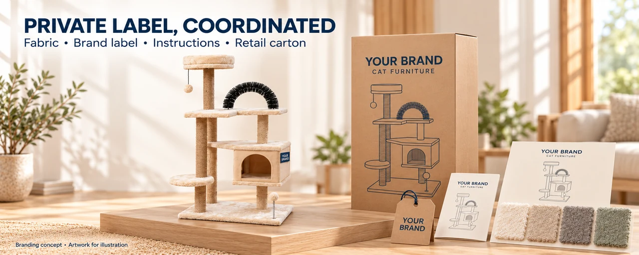 Custom fabric colors, brand labels, instruction manual, and retail carton