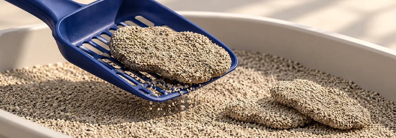 Close-up of a compact butterfly-shaped mineral cat litter clump