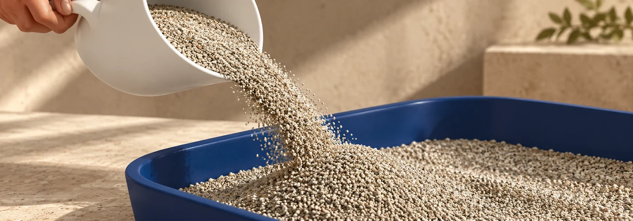 Mineral cat litter pouring with minimal visible dust