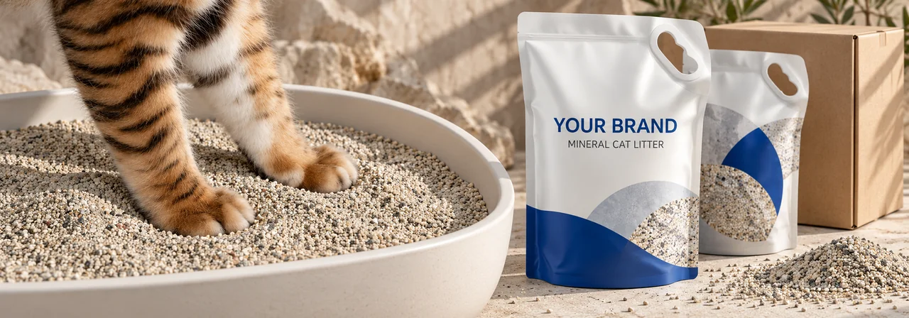 Soft mineral cat litter granules alongside private label packaging