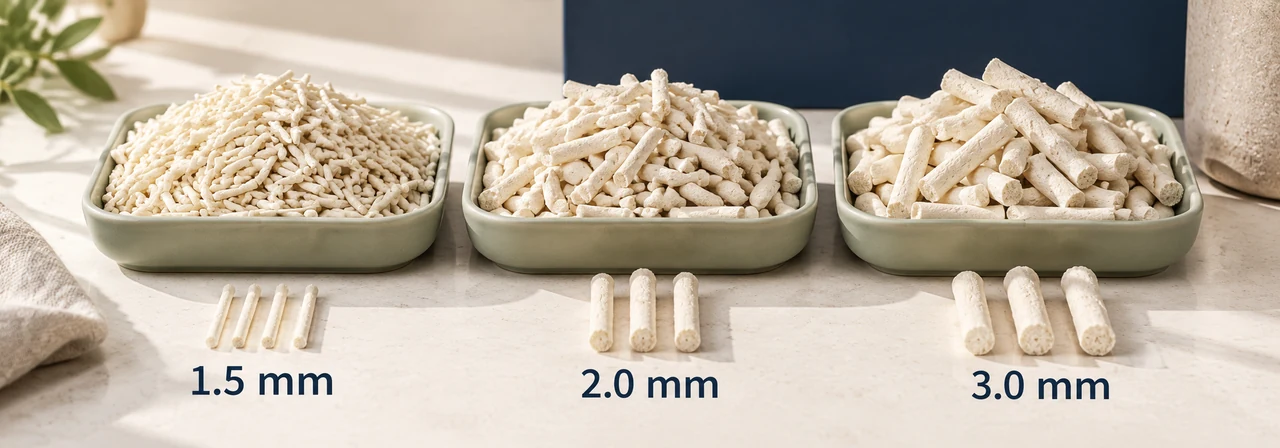 1.5 mm, 2.0 mm, and 3.0 mm granule size options