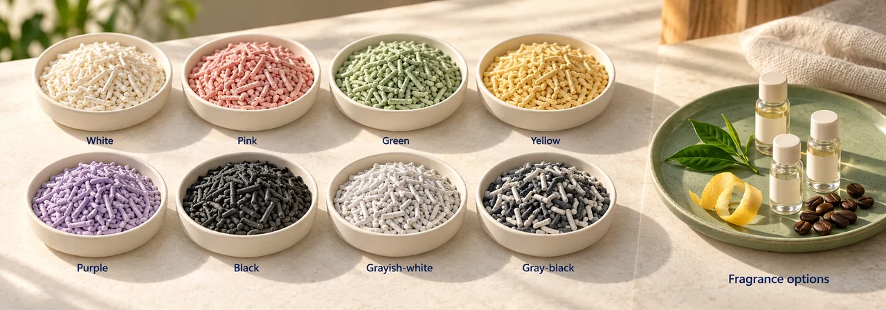 Multiple tofu litter colors and aroma variants