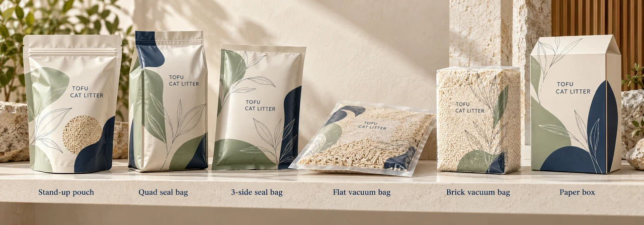 Stand-up pouches, quad seal bags, 3-side seal bags, flat vacuum bags, brick vacuum bags, and paper boxes