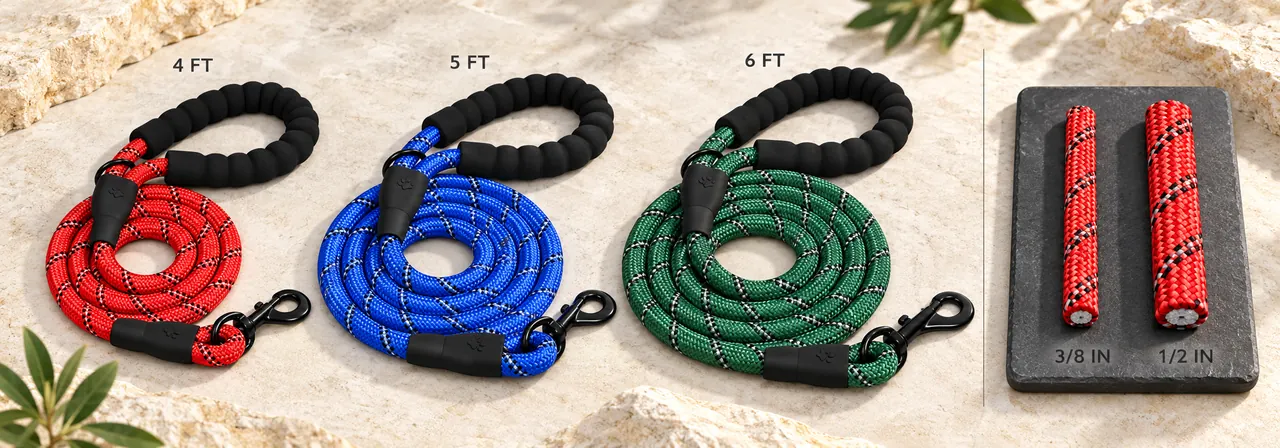 Reference leash lengths and rope diameters for different dog sizes