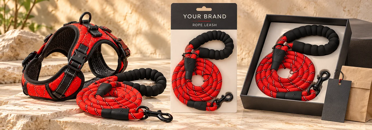 Coordinated leash and harness collection with custom retail packaging
