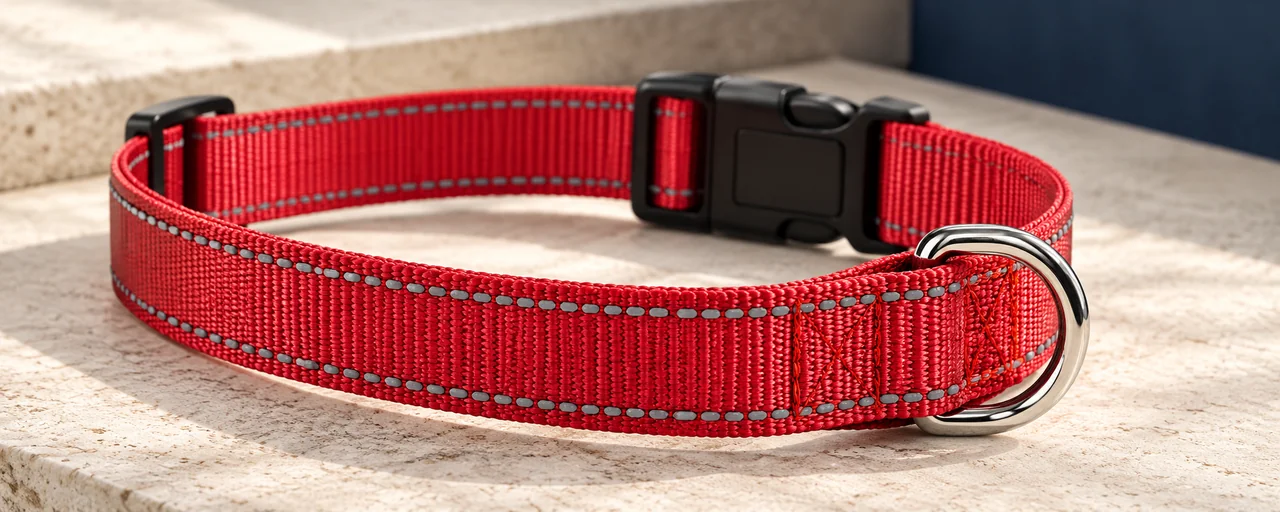 High-density nylon collar webbing with close-up of stitching and reinforced D-ring connection