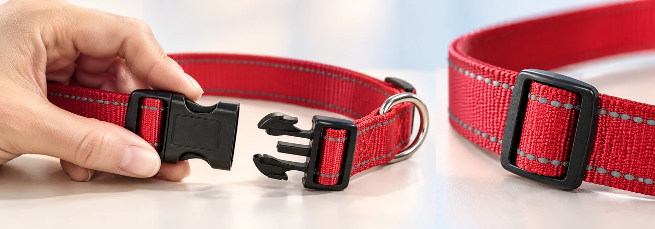 Adjustable reflective dog collar with one-handed quick-release buckle