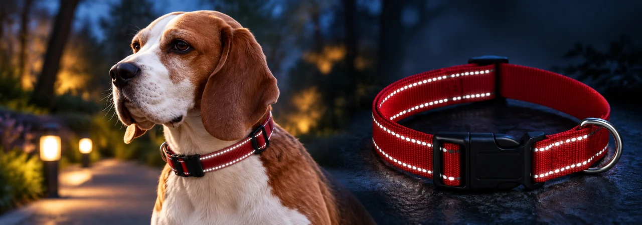 Reflective threads integrated into a dog collar in low light